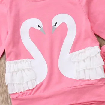 1-6Y copil Copil Copil Copii Fete Swan Print Floral Topuri de Bumbac T-shirt, Pantaloni Lungi 2 buc Pantaloni Trening Costum de Haine Set