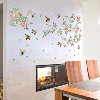 133*85cm Romantic de Flori Autocolante de Perete Păsări În Copac Art Home Decor pentru Camera de zi Stil Chinezesc TV Canapea Cameră Decor