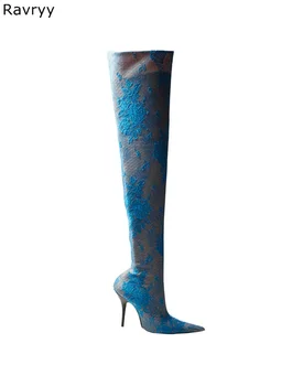 2019 Albastru Dantelă Flori Femei Cizme Lungi beatuiful femei over-the-genunchi Cizme a Subliniat Toe Partid de sex Feminin Show Pantofi de Moda mai Nou
