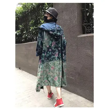 2019 Noi Harajuku Denim Trench Pentru Femei Supradimensionarea Blugi Îmbrăcăminte exterioară Maneca Lunga Single-breasted Retro Print Streetwear f924