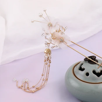 2019 Nou Chinezesc Lung de Flori Stick de Păr Perla de Aur tiara Diadema ace de Păr pentru Femei Păr Accesorii de Par lucrate Manual Bijuterii