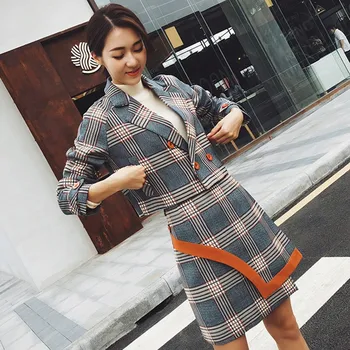 2019 Nou Toamna Iarna Set Fashion Plaid Double Breasted Jachete Scurte Fusta Mini 2 Seturi De Piese De Sex Feminin Coreeană Stil Slim Fit Seturi