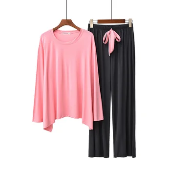 2019 Primăvara Și Toamna Pijama Set Culoare Solidă Femeile Confort Vrac Sleepwear Set 2 buc Maneca Lunga+Pantaloni Gât Rotund Homewear Set