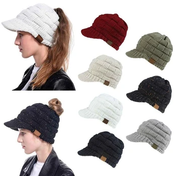 2020 Femei de Iarnă Tricotate pălărie pentru Fete Cald Casual Sport Elastic Reglabil Coada de cal Messy Bun Parasolar Pliabil Cap Pălării
