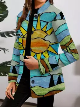 2020 Femei Haina Noua de Toamna Iarna Lungă Imprimate Peisaj Model Soare Fierbinte de Vânzare Fasion Top Mid-Lungime