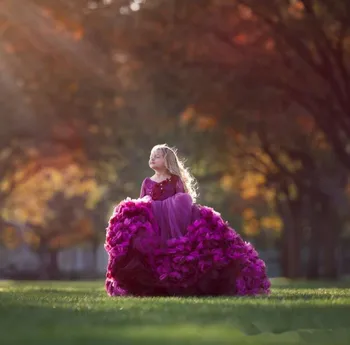 2020 Frumoasă Rochie de Bal Fata de Rochii de Concurs de Dantelă Mâneci Lungi de Top Niveluri 3D Flori Puffy Tul Rochii Fete cu Flori