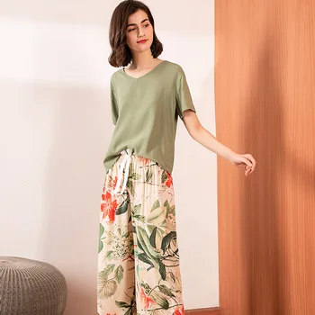 2020 Primăvară Nouă Femei Pijama Set De Confort Gri Verde Vrac Set De Pijama Cerul Înstelat Imprimate Stil Simplu Homewear Casual Uzura