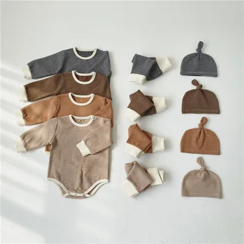 2020 Toamna Iarna 3pcs/set Long Sleeve Romper+Pantaloni cu Dungi+Palarie Pentru Copilul Nou-Născut Băiat Fete Haine de Bumbac pentru Sugari Salopete Set