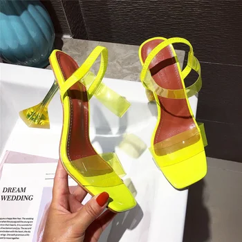 2020 Vara pentru Femei de Moda Alb-Lime Verde Clar Sandale cu Toc Galben Neon Sandale Sandale de Cristal PVC Transparent Pantofi