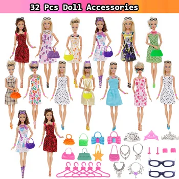 32Pcs Barbie Papusa Haine ping Accesorii=10Clothes+10Hangers+2Crowns+2Necklaces+2Bags+2Glasses+2Bracelets+2Earrings