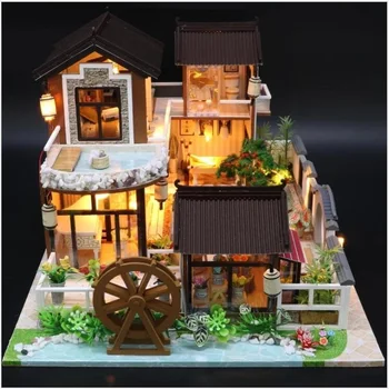 3D din Lemn Antic Chinez curte de BRICOLAJ Case Papusa Kit de Mobilier in Miniatura Lumini cu LED-uri acasă nunta, Ziua de nastere Cadou de Crăciun