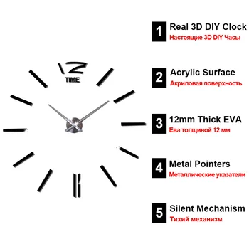 3D DIY Ceas de Perete cu Design Modern Decorative Ceasuri de Mare pentru Camera de zi Acril Oglindă de Perete Autocolant Perete Mare Ceas de Timp