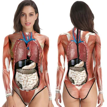 3D Imprimate cu Maneca Lunga O-Gât Skinny Body 2019 Vara Femei Uman Organe Interne Stil Sexy Costum Salopeta Casual