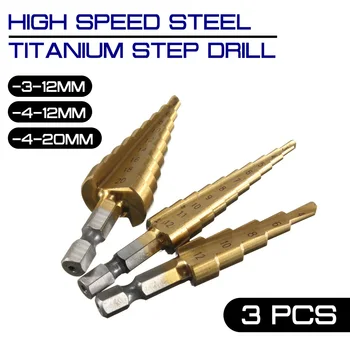 3PCS de Mare Viteză din Oțel de Titan Pas burghie 3-12mm 4-12mm 4-20mm HSS Lemn și Metal Foraj Unelte electrice