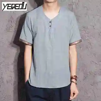 #4421 Culoare Solidă O-gat Lenjerie de pat din Bumbac T-Shirt cu Maneci Scurte Subțire Chineză Stil Casual Streetwear Vrac Plus Dimensiune T-shirt pentru bărbați 5XL