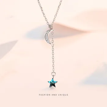 925 Sterling Silver Trend Luna Pandantiv Colier Femei Simple Blue Star Ciucure Petrecere De Moda Bijuterii Accesorii Prietena Cadou