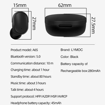 A6S TWS Adevărat Wireless bluetooth 5.0 Căști pentru Redmi Airdots Stereo Căști setul cu cască Bluetooth HD Microfon pentru Huawei iPhone Xiaomi