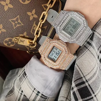 Alb Transparent Cauciuc Ceasuri pentru Femei Barbati Unisex Ceasuri Patrati Stralucind Cristale Digital ceas de mână rezistent la Apă Relojes