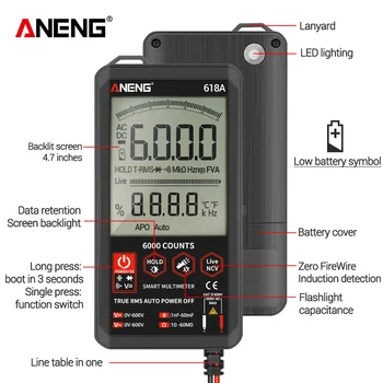 ANENG 618A Multimetru Digital Profesional Smart Touch DC Analog True RMS Auto Tester pentru Tranzistor Condensator NCV Detecter Metru