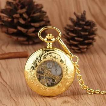 Aur de lux Mecanice Ceas de Buzunar Design Rafinat Mână Vântul Pandantiv Ceasul de Buzunar cu Lanț pentru Barbati Femei reloj de bolsillo