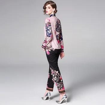 Banulin Designer De Moda Pistei Costum Seturi 2019 Primavara Cu Maneci Lungi Florale Arcul De Imprimare Topuri + Pantaloni Lungi 2 Bucata Set Femeile B7586