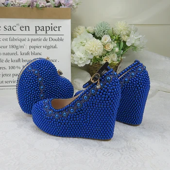 BaoYaFang 2020 nou Sosiți pantofi de nunta cu saci de potrivire cu Toc Înalt Inima pungă royal blue pearl petrecere pantofi si genti