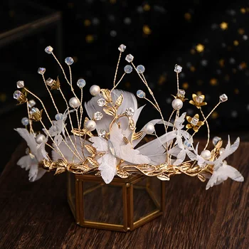 Baroc pene albe perla coroanei metal frumos frunze pene de mireasa printesa coroana de cristal mireasa frizură păr de nunta bijuteriile