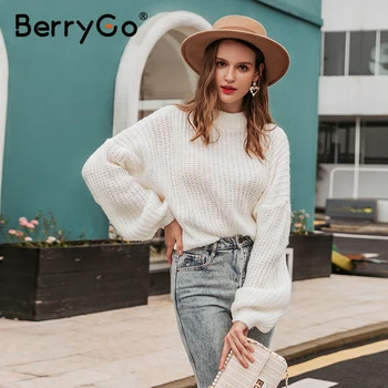 BerryGo alb Elegant de epocă pulover tricotate Femei casual mânecă lungă lanternă jumper pulover de Toamna iarna vrac solid pulover
