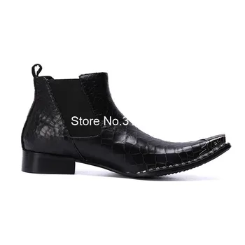 Black Mens Ghete Chelsea Pantofi De Moda Elastic Square Toe Pantofi De Iarna Pentru Bărbați Stras Marginita Glezna Cizme Aluneca Pe Cizme De Piele