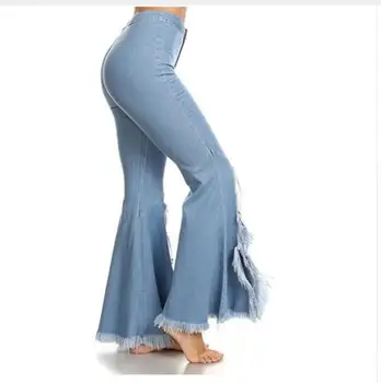 Blugi Skinny Femei 2018 Europa și America de Talie Mare Flare jeans Pentru Femei Personalitate Ciucuri Mozaic Neregulat Pantaloni Denim