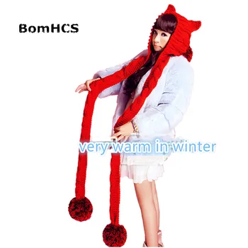 BomHCS Femei Cablu Gros Manual Tricot Mare Pompoms Căciulă cu Urechi de Pisică Cald Palarie cu Esarfa