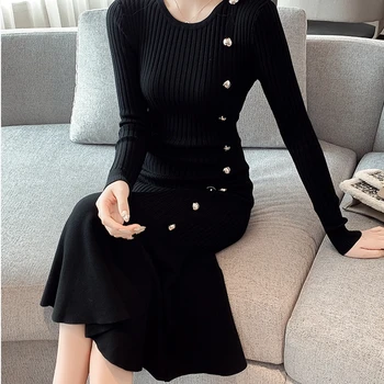 Brand Rochie Pulover Femei Toamna Iarna Coreean Negru Îmbrăcăminte De Moda Elegant Cu Maneca Lunga Butonul De Tricotat Coadă De Pește Veșminte