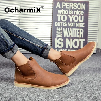 CcharmiX Bărbați Chelsea Cizme De Iarna Cizme Cald Pentru Bărbați Vacă Din Piele Ghete Casual De Stradă În Aer Liber Stil Simplu Pantofi De Moda