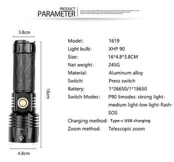 Cele mai noi XHP90 lanterna led-uri 5modes 500 de metri lungime împușcat zoom Telescopic lanterna lanterna lanterna ca putere banca cu utilizarea 26650