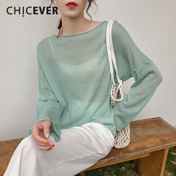 CHICEVER Alb-coreean Perspectivă Femei T Shirt O Gatului Maneca Lunga Liber Feminin Cămașă de Moda de Vară 2020 Haine Noi