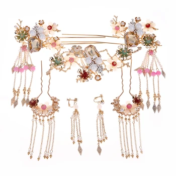 Chineză margele de cristal tassle phoenix coroana agrafe de păr, cercei seturi de atmosfera de nunta accesorii de par