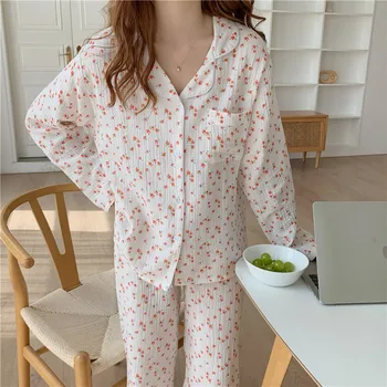 Confortabil din bumbac casa costum drăguț femei pijama set primavara toamna imprimare cherry lounge purta pijamale cămașă pantaloni 2 buc Y148