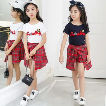 Copii Haine De Fata 2018 Stil Nou De Fete De Vară Pentru Copii Copii Seturi Purta Maneci Scurte T-Shirt +Zăbrele Culottes Două Bucata Set