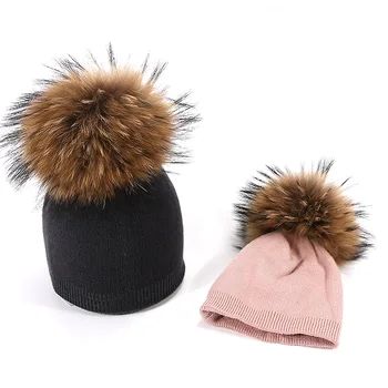 Copii Knit Beanie Hat Vopsire Real Blană de Raton Pompon Puritate Pălărie de Iarnă Fată Băiat Cald Chelioși Os Brand Copii Copil Capac Moale