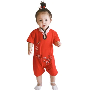 Copil Nou-Născut Fată Stil Chinezesc Butonul Romper Fete Cheongsam Rochie Cu Maneci Scurte Chineză Qipao Chinoiserie Prune Print Costum
