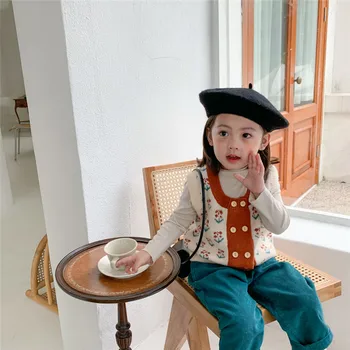Coreeană pentru Copii Populare Fete de Moda Retro Vesta de Flori Tricotate Cardigan Copii la două rânduri Pulover Vesta