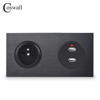 Coswall Toate din Aluminiu Panou de Metal Negru franceză Priză Standard de Perete Cu Dual USB Port de Încărcare 2.4 O Ieșire 172*86mm R12 Serie