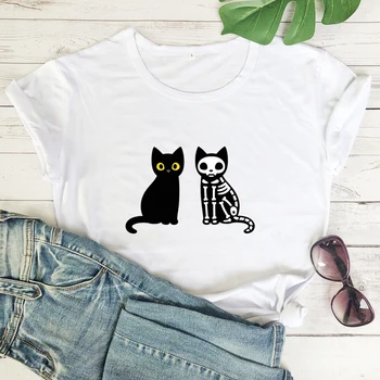 Culoare Negru Pisica Și Pisica Schelet de T-shirt Infricosator Femei Petrecere de Halloween Top Tricou Amuzant Cadou de Vacanță Tricou Pentru Pisica Mama