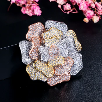 CWWZircons Proiectare 3D Amestecat Rose Aur Placate cu Argint Zirconiu Cubi de Lux Mare Petrecere de Nunta Flori de Brose pentru Femei BH009