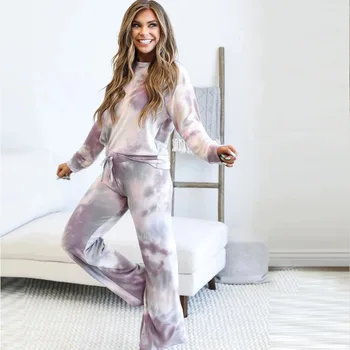Daeyard Femei 2021 Primăvară Pijama Set Costum Sport Casual Tie-dye Sweater Leneș Homewear Camasi cu Maneci Lungi Si Pantaloni de Costum 2 Piese