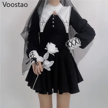 Dark Gothic Lolita Rochie Femei De Epocă Victoriană Dantela Mozaic Stand Guler Rochie Mini Girly Japoneză Punk Chic Rochii De Petrecere