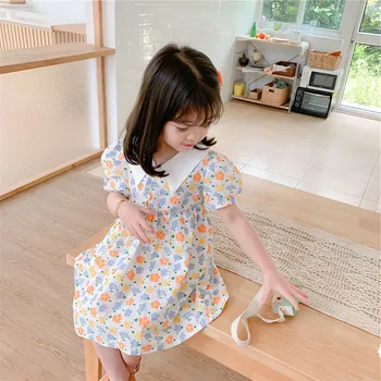 De Vară 2020 coreeană Nou Copil Fete Frunze de Imprimare Rochie de Printesa de Turn-down Guler Maneca Scurta copii Rochie Haine Copii