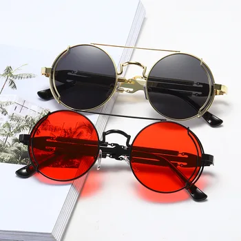 DECI&EI de Moda Rotund Steampunk Bărbați ochelari de Soare Retro de Metal cu arc Dublu Ochelari Unic pentru Femei Ochelari de Soare Oculos De Sol UV400