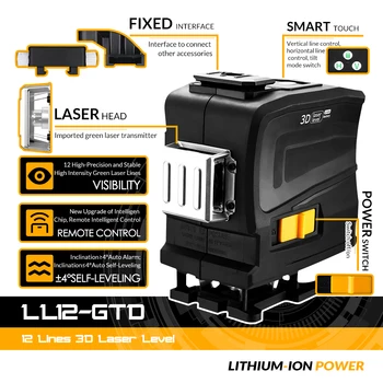DEKO LL12-GTD cu Laser de Nivel 12 Linii 3D Auto-Nivelarea De 360 de Grade pe Orizontală și Verticală Cruce foarte Puternic Green Laser Fascicul de Linii