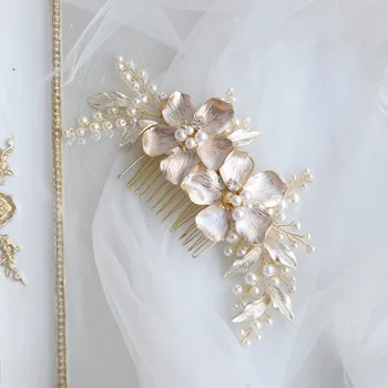 Delicat De Culoare De Aur De Flori De Mireasa Pieptene Perle Bijuterii De Păr Frunze Femei Caciula Accesorii De Nunta Bucată De Păr